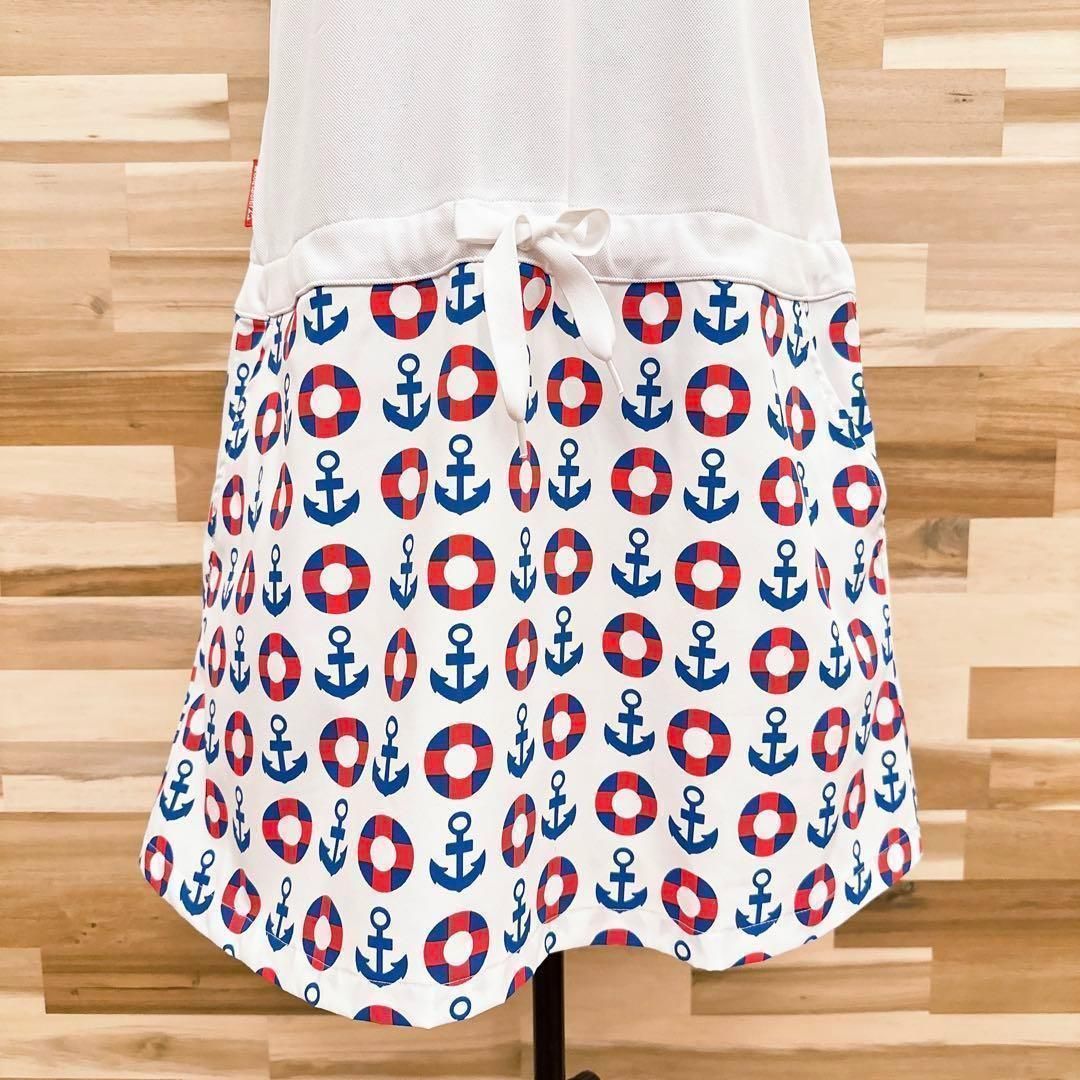 買取強化！ ルコックスポルティフ ゴルフGOLF 切り替え ワンピース マリン柄 L白×青