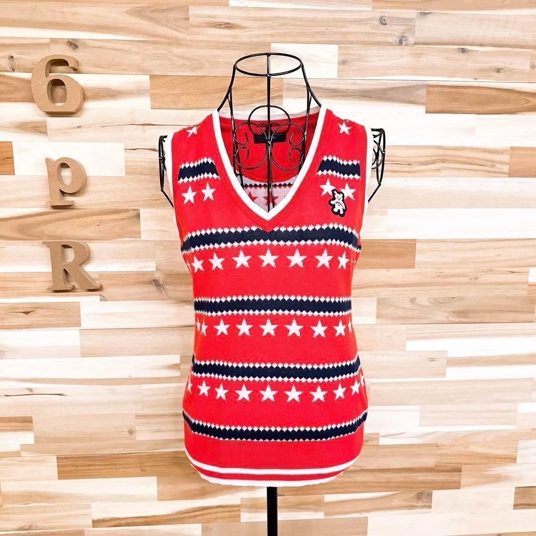 【キャロウェイ】Vネック スター ボーダー ゴルフ ニット ベスト クマ M 赤 キャロウェイ】Vネック スター ボーダー ゴルフ ニット ベスト クマ M