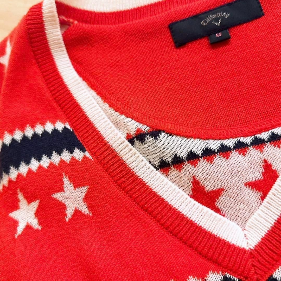 【キャロウェイ】Vネック スター ボーダー ゴルフ ニット ベスト クマ M 赤 キャロウェイ】Vネック スター ボーダー ゴルフ ニット ベスト クマ M 赤