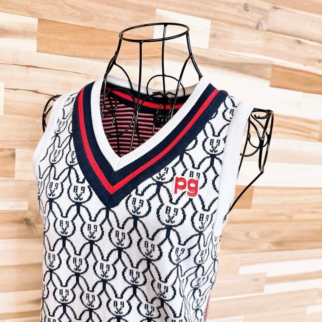 パーリーゲイツ Vネック ゴルフ ニット ベスト ウサギ総柄 ボーダー 白×紺