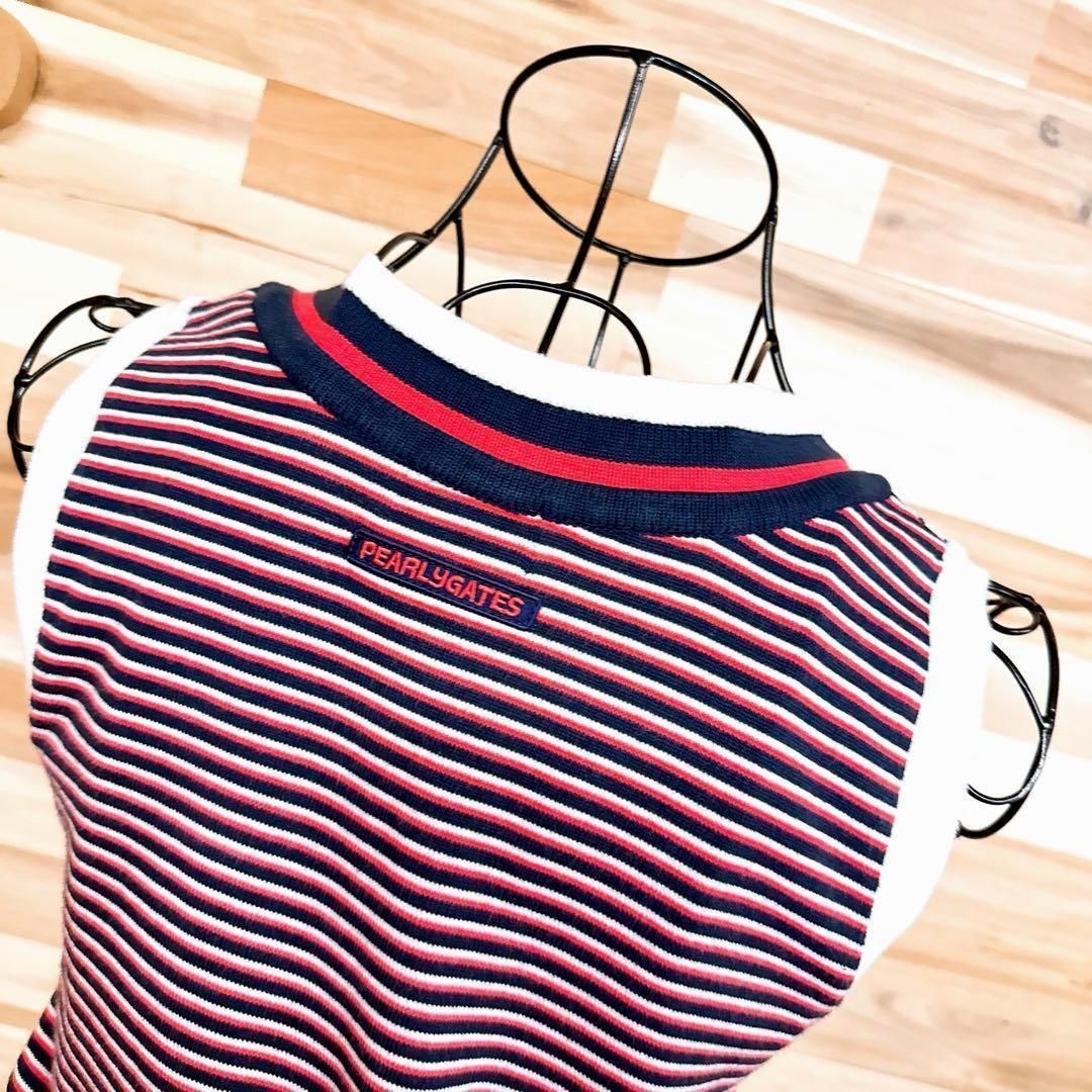 【パーリーゲイツ】Vネック ゴルフ ニット ベスト ウサギ総柄 ボーダー 白×紺 パーリーゲイツ】Vネック ゴルフ ニット ベスト ウサギ総柄 ボーダー 白×紺