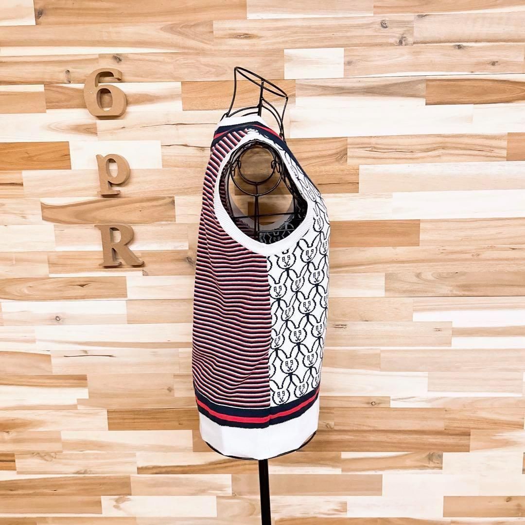 パーリーゲイツ】Vネック ゴルフ ニット ベスト ウサギ総柄 ボーダー 白×紺