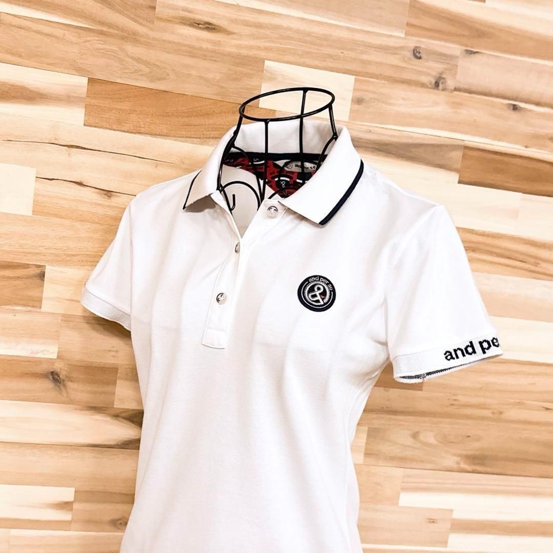 アンパスィ サークル ロゴ ゴルフ 半袖ポロシャツ M 白ホワイト×紺ネイビー