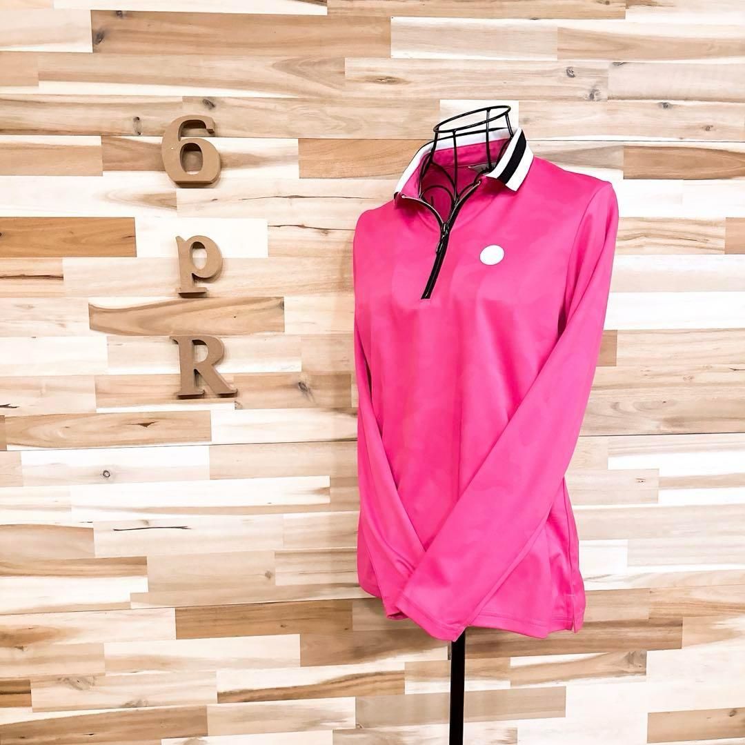 ランバン ゴルフ ハーフジップ 長袖ポロシャツ 迷彩カモ ラバーロゴ ピンク