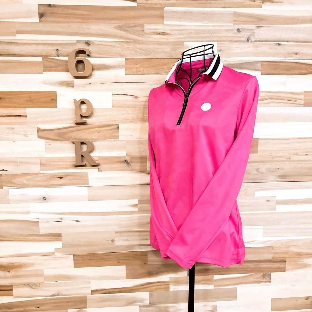 【ランバン】ゴルフ ハーフジップ 長袖ポロシャツ 迷彩カモ ラバーロゴ ピンク ランバン】ゴルフ ハーフジップ 長袖ポロシャツ 迷彩カモ ラバーロゴ