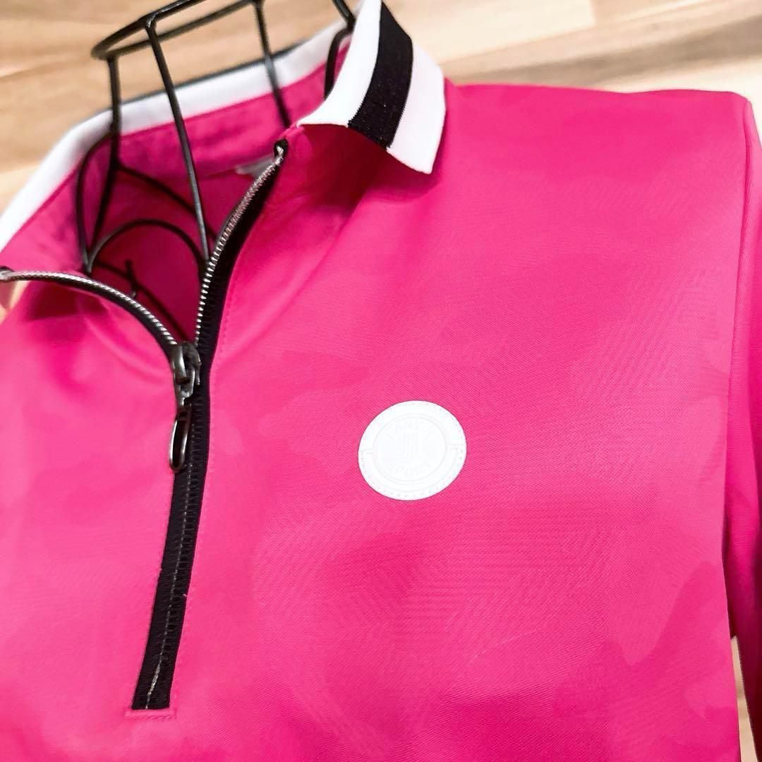 【ランバン】ゴルフ ハーフジップ 長袖ポロシャツ 迷彩カモ ラバーロゴ ピンク ランバン】ゴルフ ハーフジップ 長袖ポロシャツ 迷彩カモ ラバーロゴ