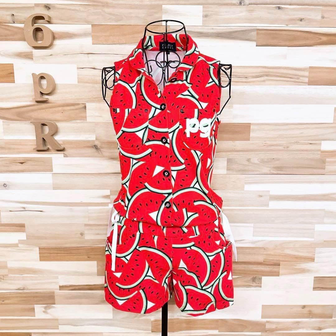 パーリーゲイツ】ゴルフ スイカ総柄 プリント オールインワン PGロゴ 赤×緑