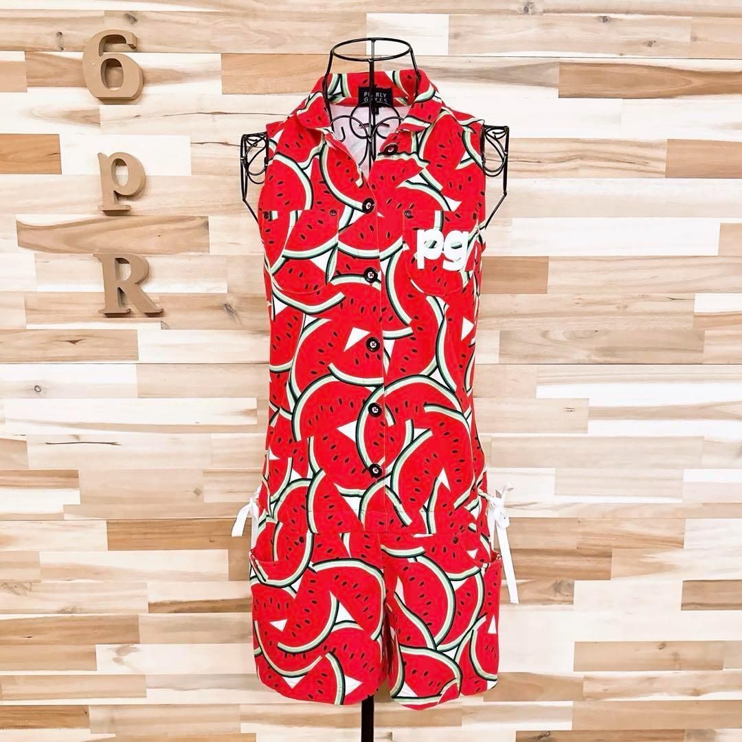  パーリーゲイツ ゴルフ スイカ総柄 プリント オールインワン PGロゴ 赤×緑 その他 レディースウェア
