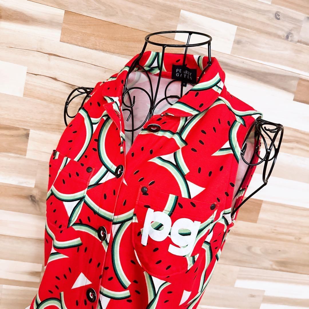 パーリーゲイツ ゴルフ スイカ総柄 プリント オールインワン PGロゴ 赤×緑