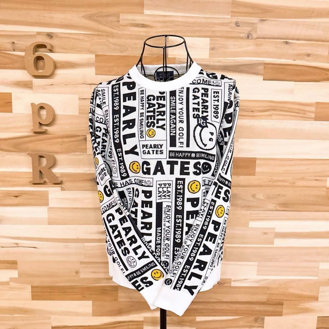 美品【パーリーゲイツ】ニュースペーパー ゴルフ ニット セーター スマイル白×黒 美品【パーリーゲイツ】ニュースペーパー ゴルフ ニット セーター