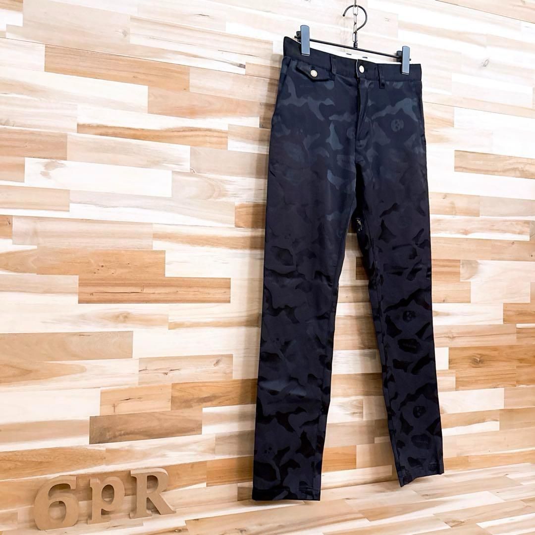 【マークアンドロナ】スカル 迷彩カモ柄 ジャガード ゴルフパンツ S 黒×グレー マークアンドロナ】スカル 迷彩カモ柄 ジャガード ゴルフ パンツ S 黒
