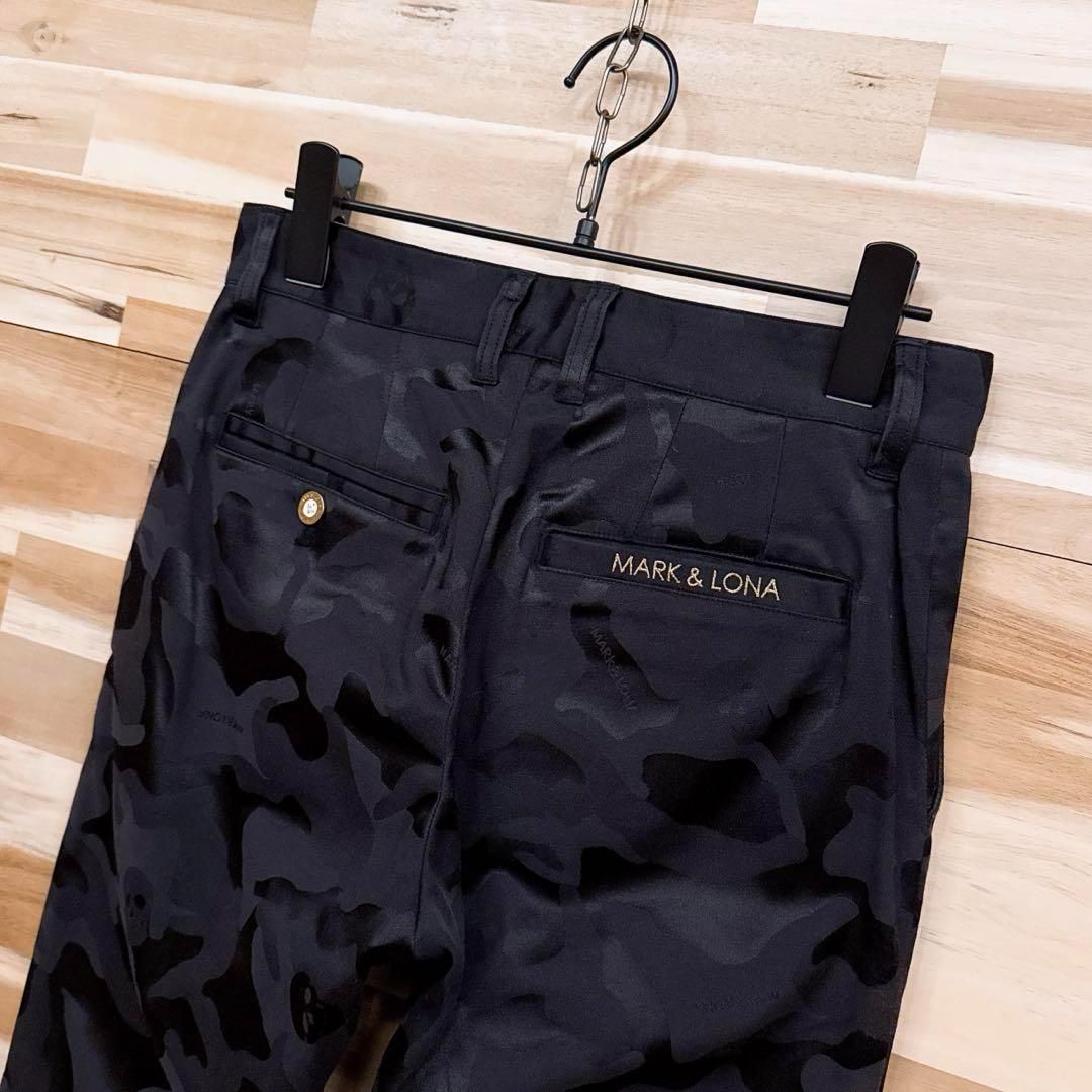  マークアンドロナ スカル 迷彩カモ柄 ジャガード ゴルフ パンツ S 黒×金 パンツ レディースウェア