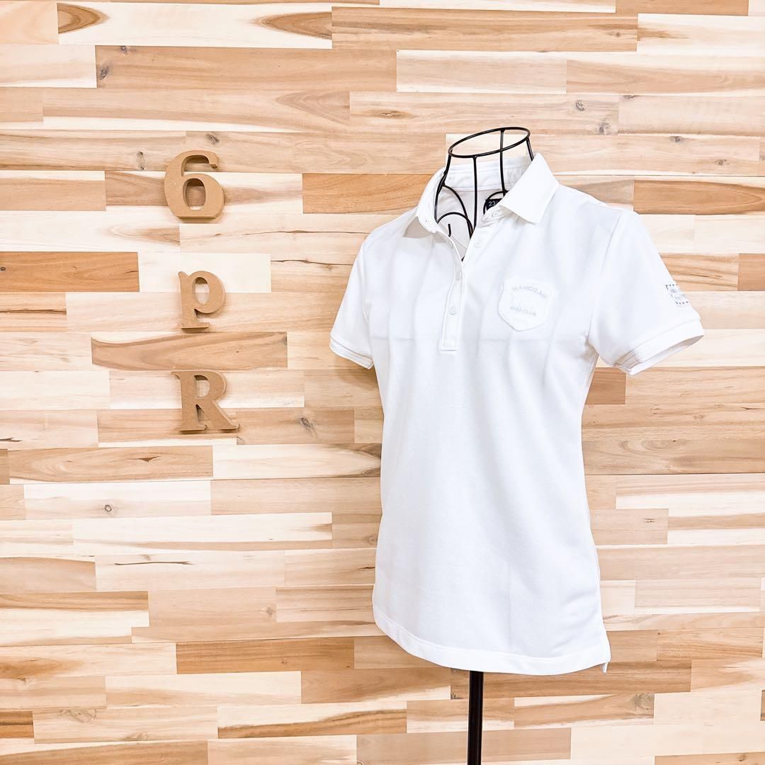 23区 エンブレム ロゴ パッチ ゴルフ 半袖ポロシャツ ストレッチ 白×銀