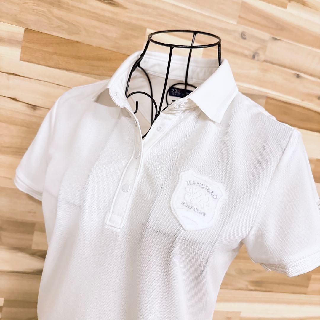 23区 エンブレム ロゴ パッチ ゴルフ 半袖ポロシャツ ストレッチ 白×銀