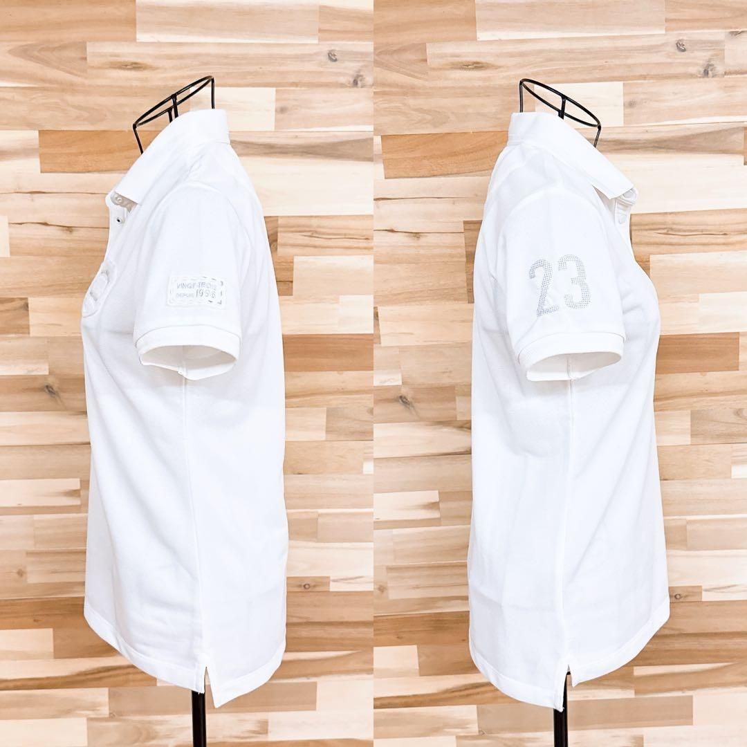  23区 エンブレム ロゴ パッチ ゴルフ 半袖ポロシャツ ストレッチ 白×銀 シャツ レディースウェア