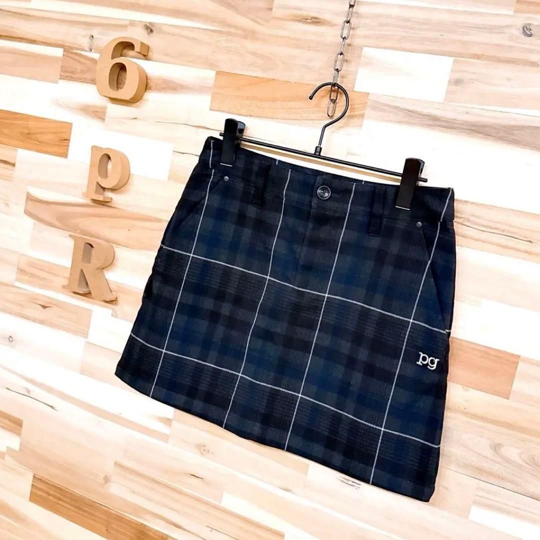 パーリーゲイツ レイヤード チェック柄 ゴルフ スカート ストレッチ 黒×紺