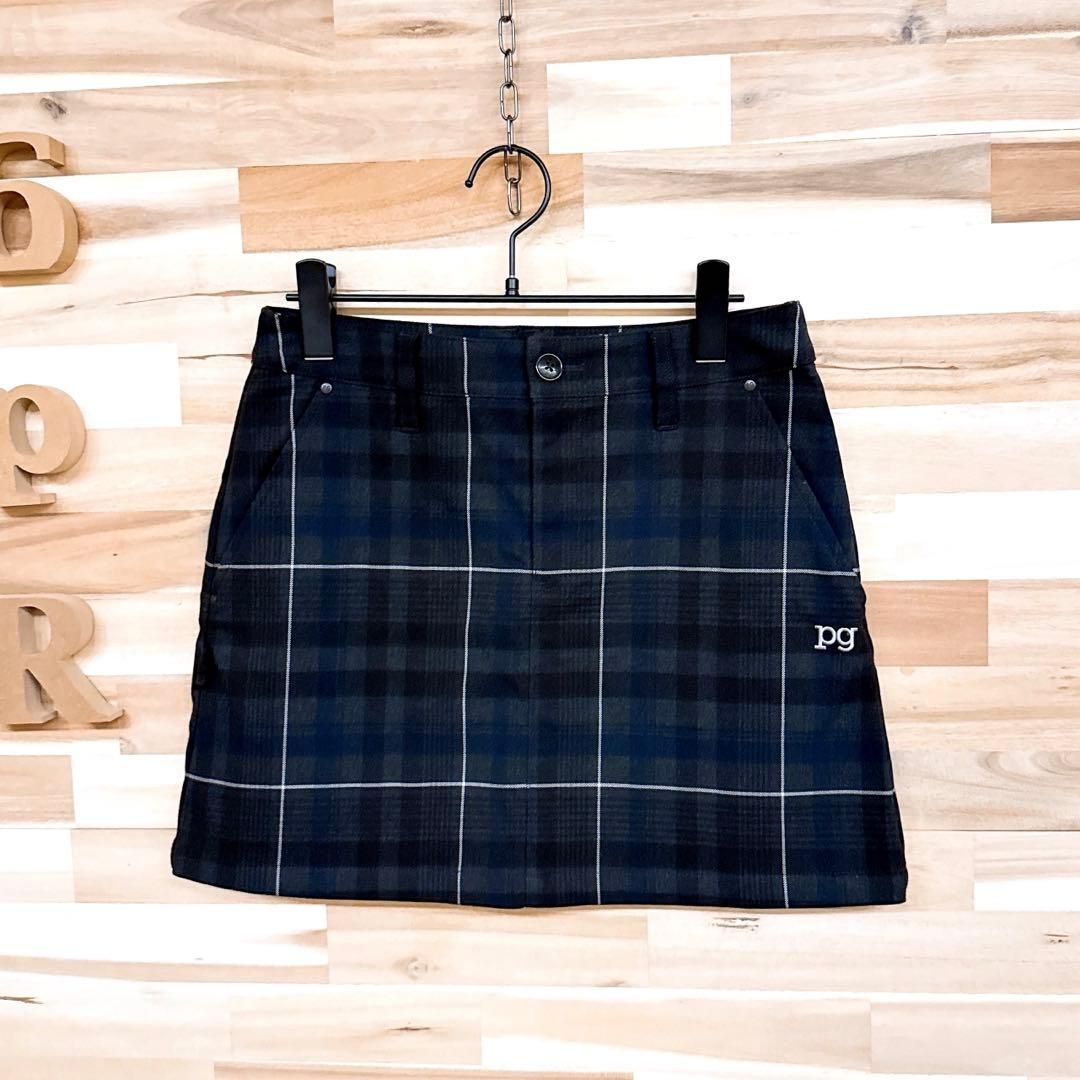 【パーリーゲイツ】レイヤード チェック柄 ゴルフ スカート ストレッチ 黒×紺 パーリーゲイツ】レイヤード チェック柄 ゴルフ スカート ストレッチ