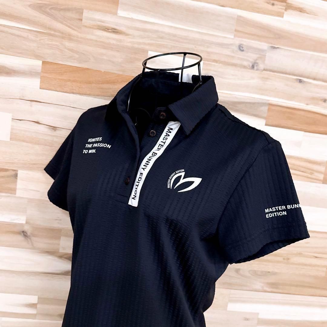 美品【マスターバニーエディション】マルチロゴ サッカー ゴルフ ポロシャツ黒×白 美品【マスターバニーエディション】マルチロゴ サッカー ゴルフ