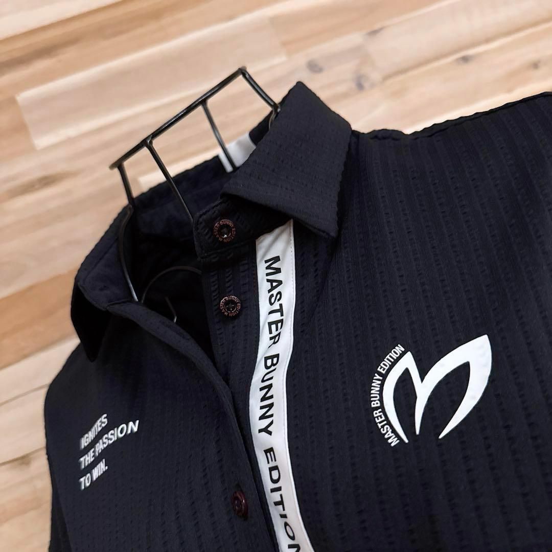 美品【マスターバニーエディション】マルチロゴ サッカー ゴルフ ポロシャツ黒×白 美品【マスターバニーエディション】マルチロゴ サッカー ゴルフ