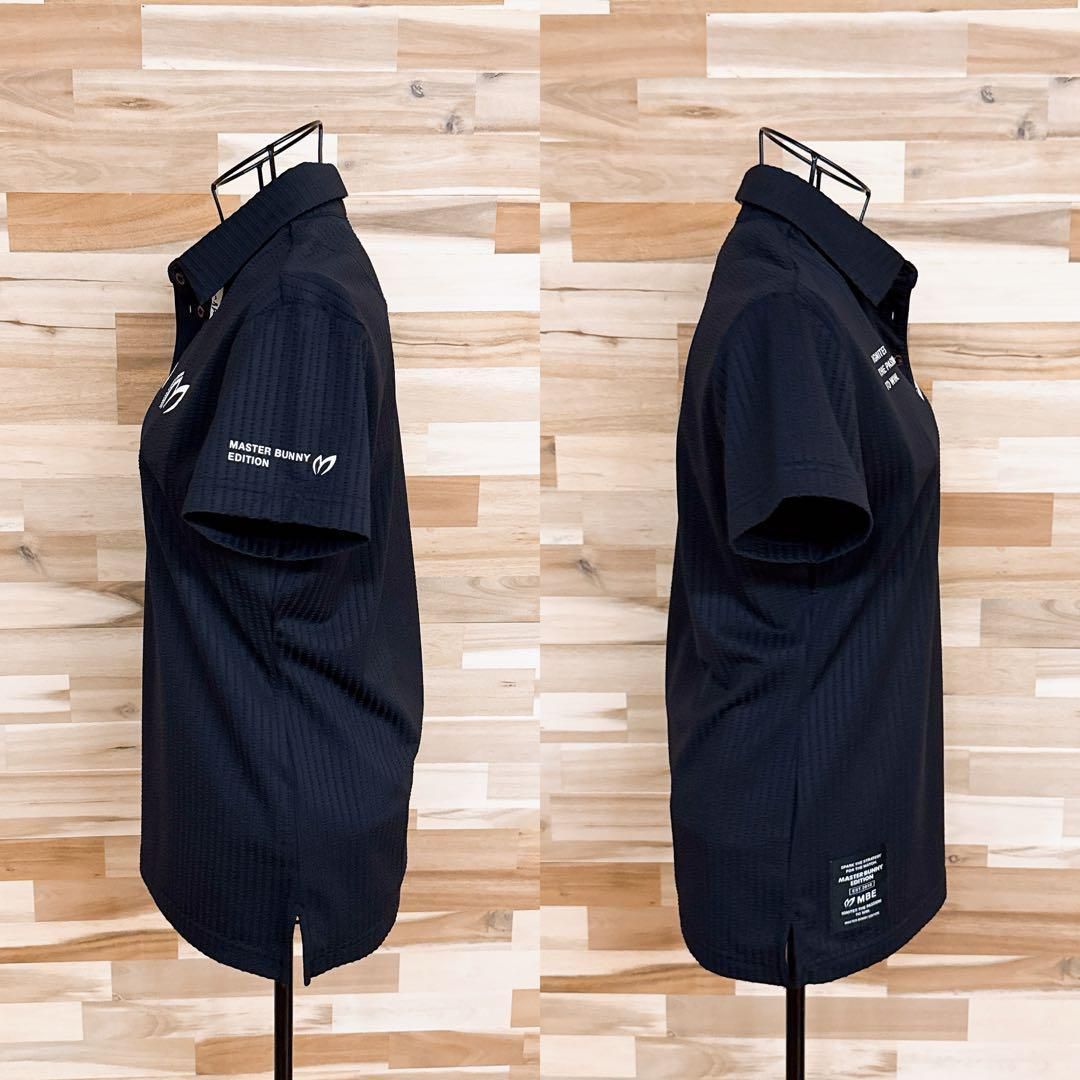 美品【マスターバニーエディション】マルチロゴ サッカー ゴルフ ポロシャツ黒×白 美品【マスターバニーエディション】マルチロゴ サッカー ゴルフ