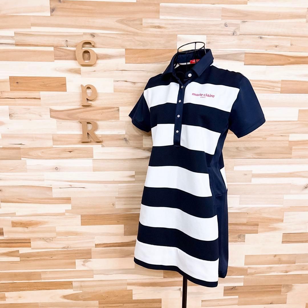 マリクレール マリン ボーダー ゴルフ ワンピース ストレッチ L 紺×白