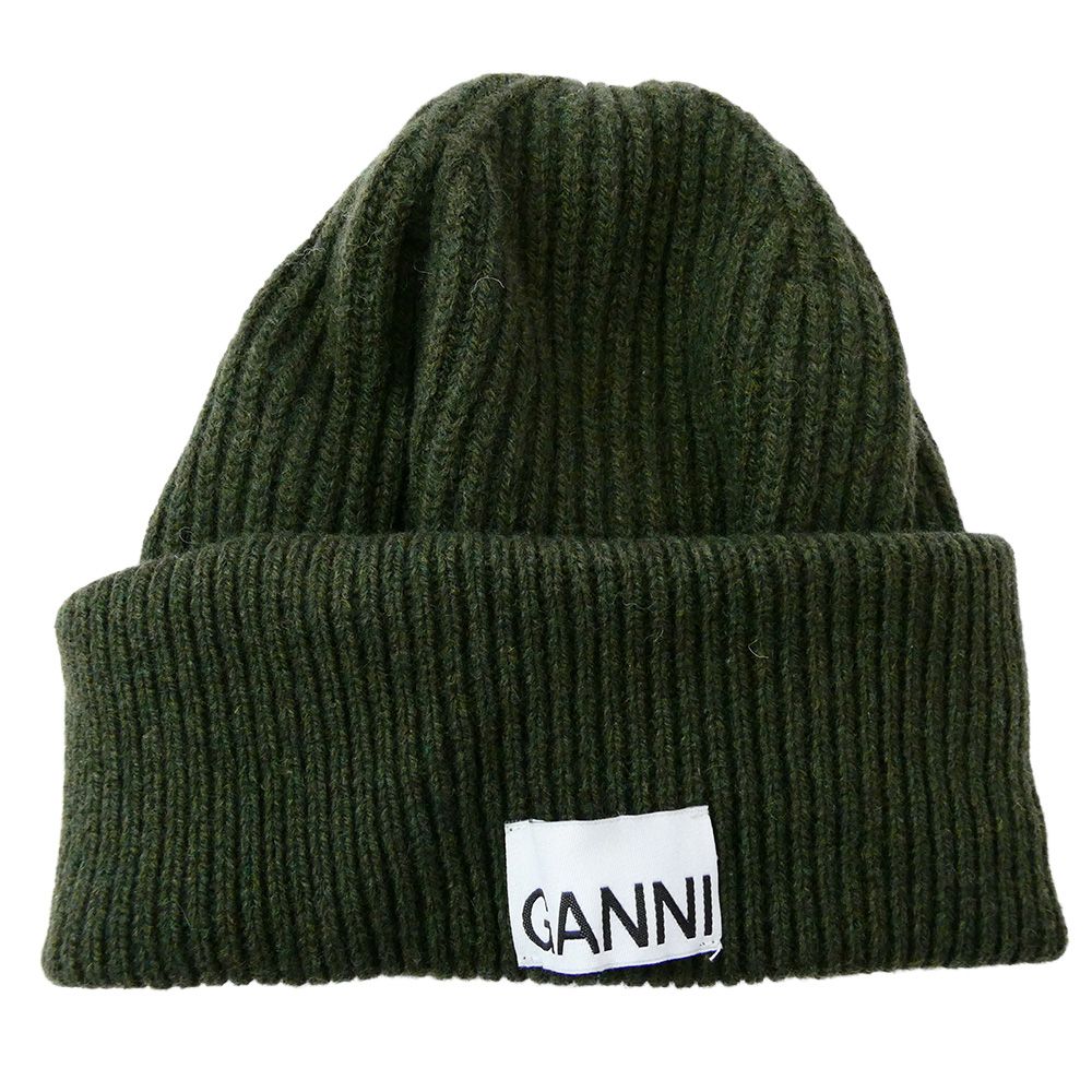GANNI ニット帽　カーキ 新品未使用 GANNI（ガニー） 【ラスト1点】GANNI ニット帽 帽子 ロゴ リブ