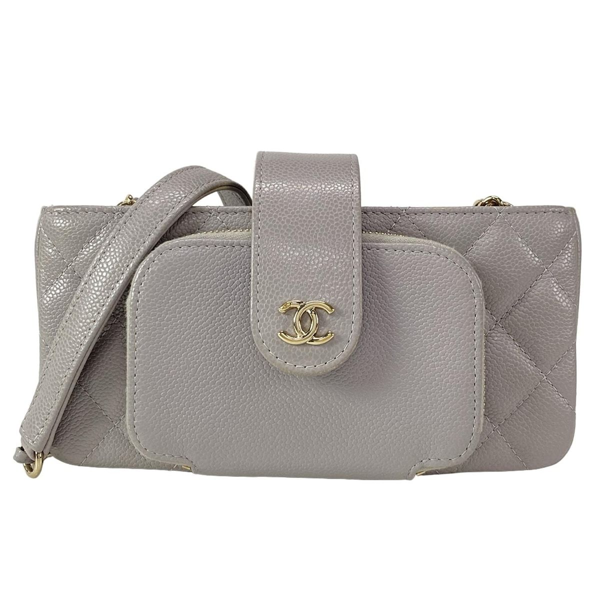 CHANEL シャネル 財布 マトラッセ AP2916 ライトグレー チェーンウォレット ゴールド金具 フォンケース