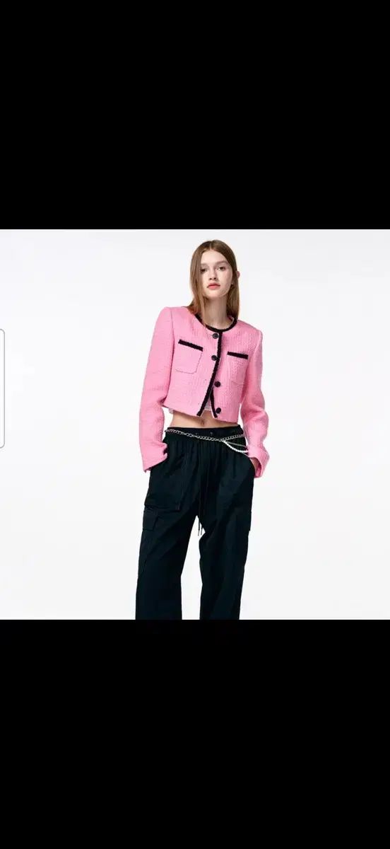 芸能人着用 ETMON ツイードジャケット ピンク s クロップド ノー ラウンド バイ 鮮やかなCOLOR