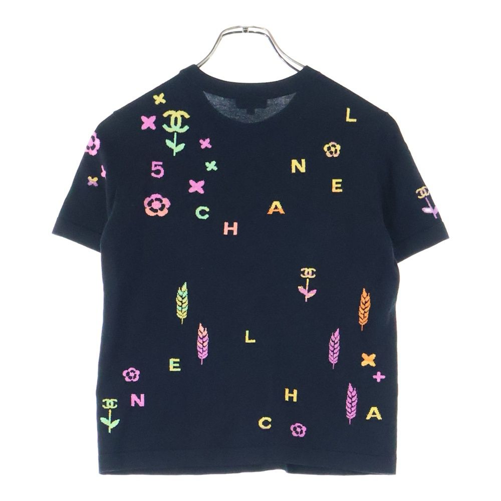 CHANEL シャネル ココマーク ロゴジャガード コットンニット クルーネック 半袖Tシャツ カットソー ブラック レディース P72160K10373