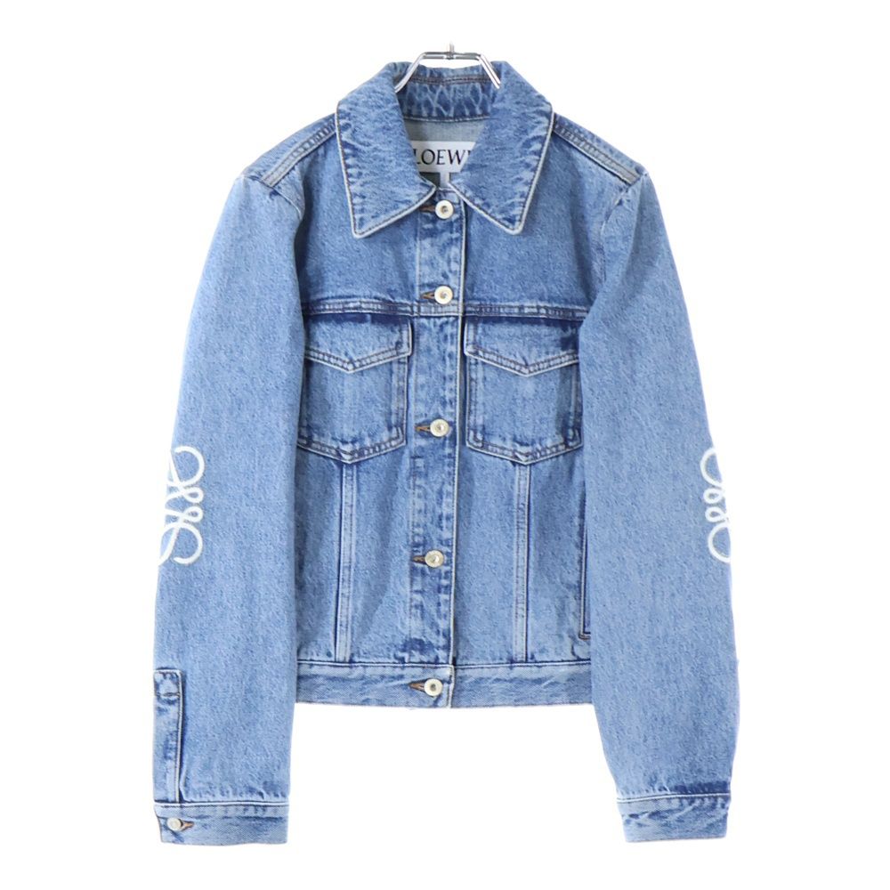 LOEWE ロエベ アナグラムロゴ カットアウト エルボー 裾レザーパッチ ウォッシュ加工 デニム トラッカージャケット インディゴ S359Y50X23