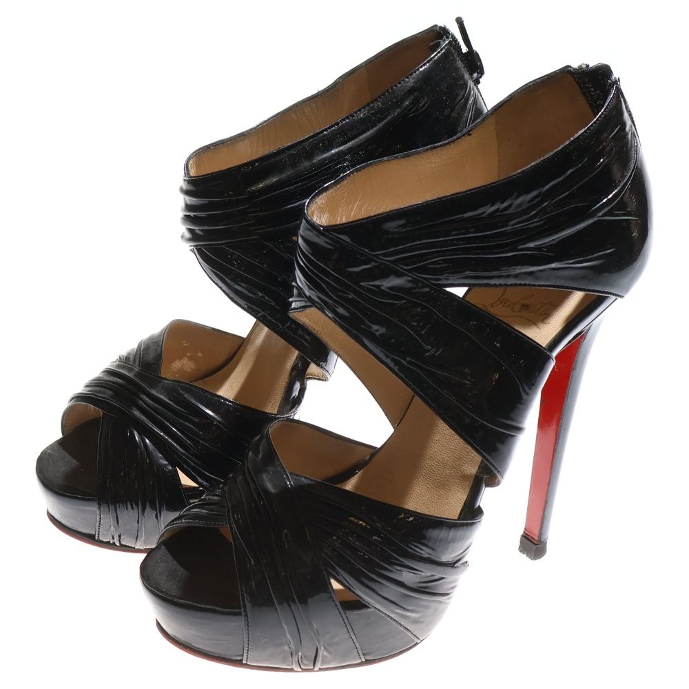 CHRISTIAN LOUBOUTIN クリスチャンルブタン パテントレザー ギャザー ヒール サンダル パンプス シューズ ブラック レディース