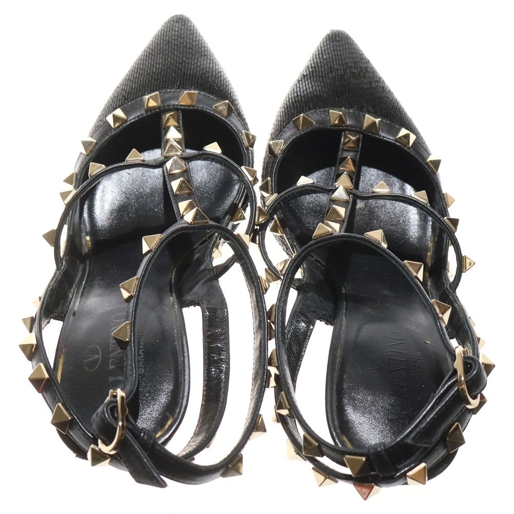  VALENTINO ヴァレンティノ ロックスタッズ ビーズ刺繍 ヒール レザー ストラップ パンプス シューズ ブラック レディース サンダル ミュール 靴