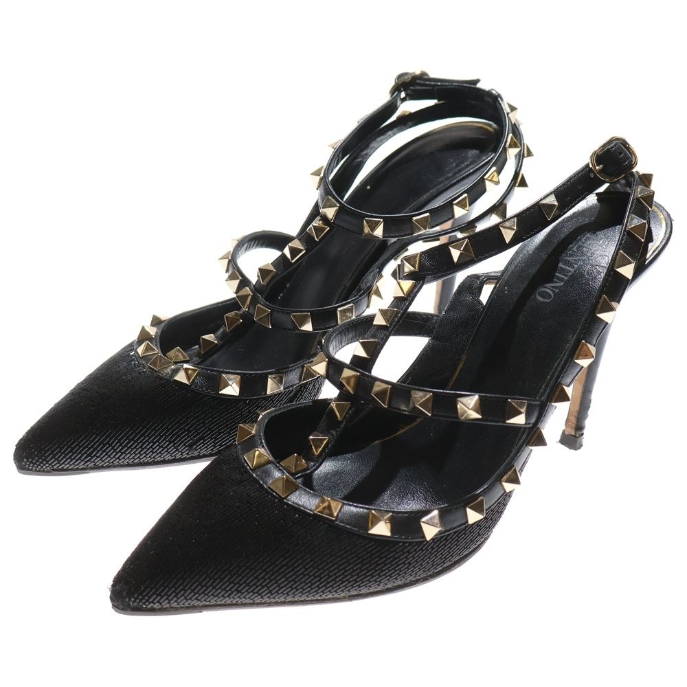 VALENTINO ヴァレンティノ ロックスタッズ ビーズ刺繍 ヒール レザー ストラップ パンプス シューズ ブラック レディース