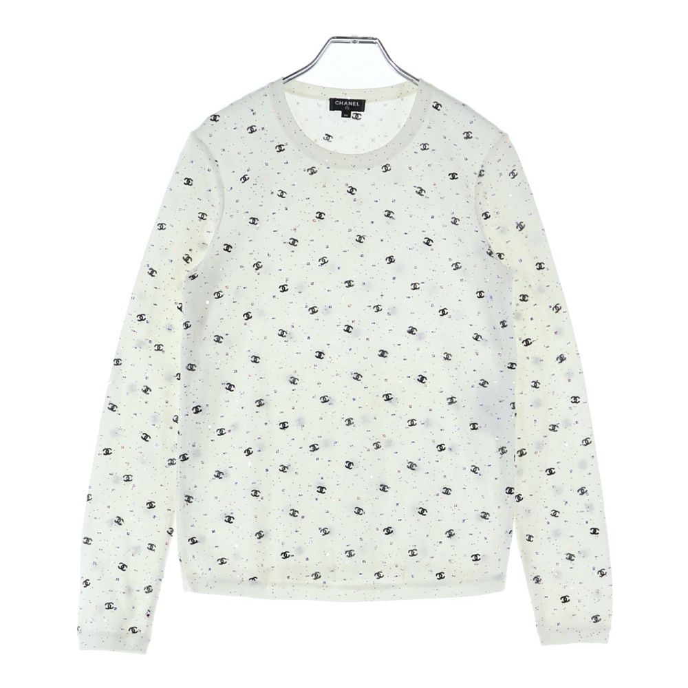 CHANEL シャネル ココマーク刺繍 ラメ スパンコール 総柄 コットンニット クルーネック 長袖Tシャツ カットソー ホワイト レディース P64289K60207