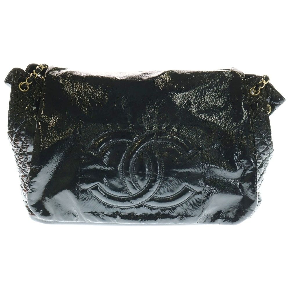 CHANEL シャネル パテントレザー エナメルダブルチェーンショルダーバッグ ブラック