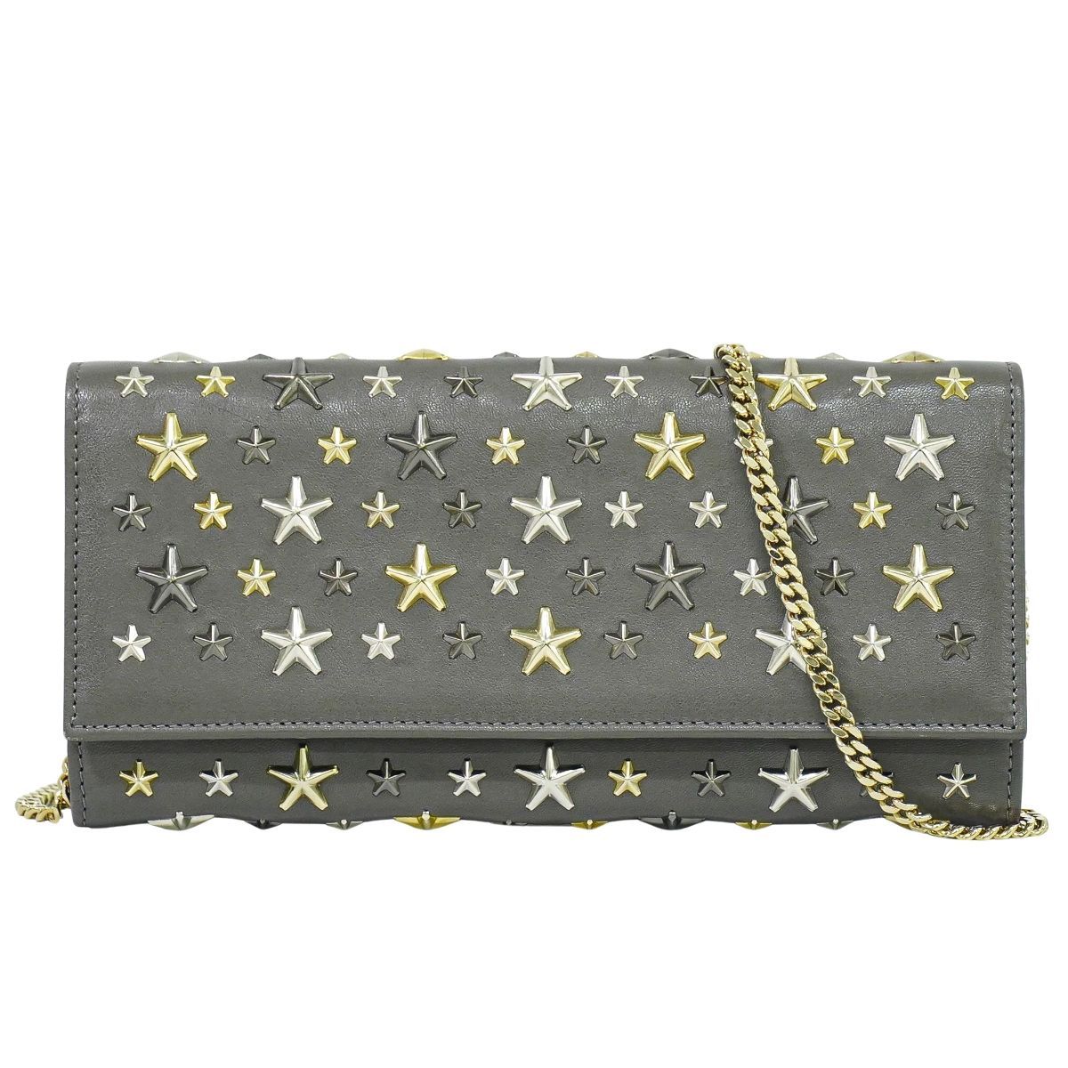 本物 ジミーチュウ JIMMY CHOO スタースタッズ チェーン ショルダーウォレット 長財布 ポシェット レザー グレー 財布 ウォレット フォロー割