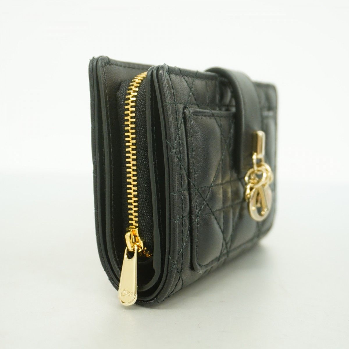 5 oc 2156 クリスチャンディオール 財布 カナージュ ラムスキン ブラック シャンパンゴールド金具 レディース