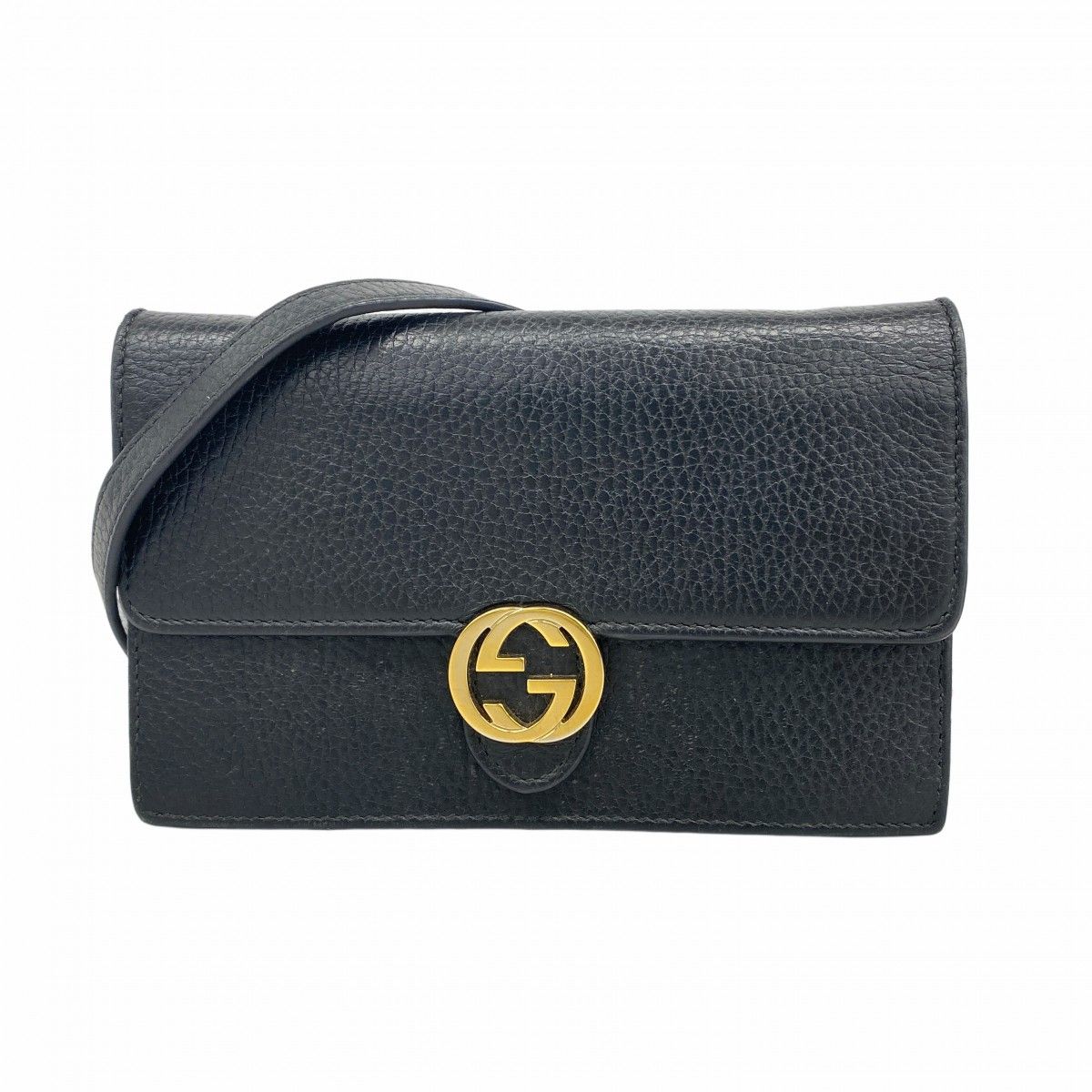 5oc1964 グッチ ショルダーウォレット インターロッキングG 510314 レザー ブラック シャンパンゴールド金具 レディース