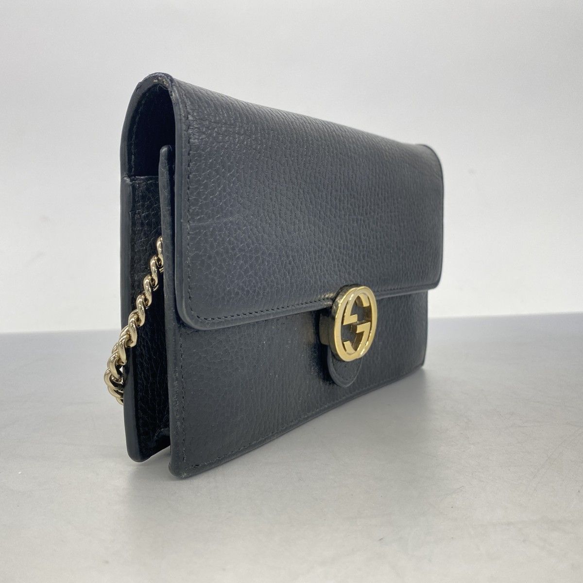 5 oc 1964 グッチ ショルダーウォレット インターロッキングG 510314 レザー ブラック シャンパンゴールド金具 レディース