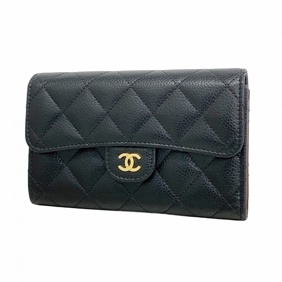 5oc2252-h シャネル 三つ折り財布 マトラッセ キャビアスキン ブラック ゴールド金具 レディース
