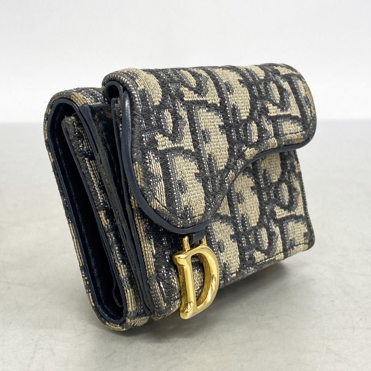 5 oc 2255-h クリスチャンディオール 三つ折り財布 トロッター サドル キャンバス ネイビー ゴールド金具 レディース