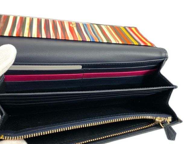 未使用 ポールスミス 長財布 レザー ネイビー　濃紺  紺 マルチストライプ 財布 レディース Paul Smith 二つ折り PWD546 【中古】 未使用 ポールスミス 長財布 レザー ネイビー 濃紺 紺 マルチ