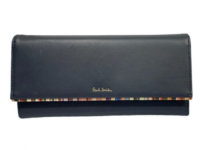 未使用 ポールスミス 長財布 レザー ネイビー 濃紺 紺 マルチストライプ 財布 レディース Paul Smith 二つ折り PWD546