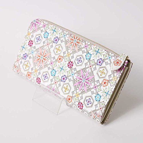 浅草文庫 L字ファスナー 長財布 花菱 はなびし 柄 スリム 財布 サイフ 友禅染 革 江戸小紋 朱鷺 トキ 色 朱鷺 トキ 色