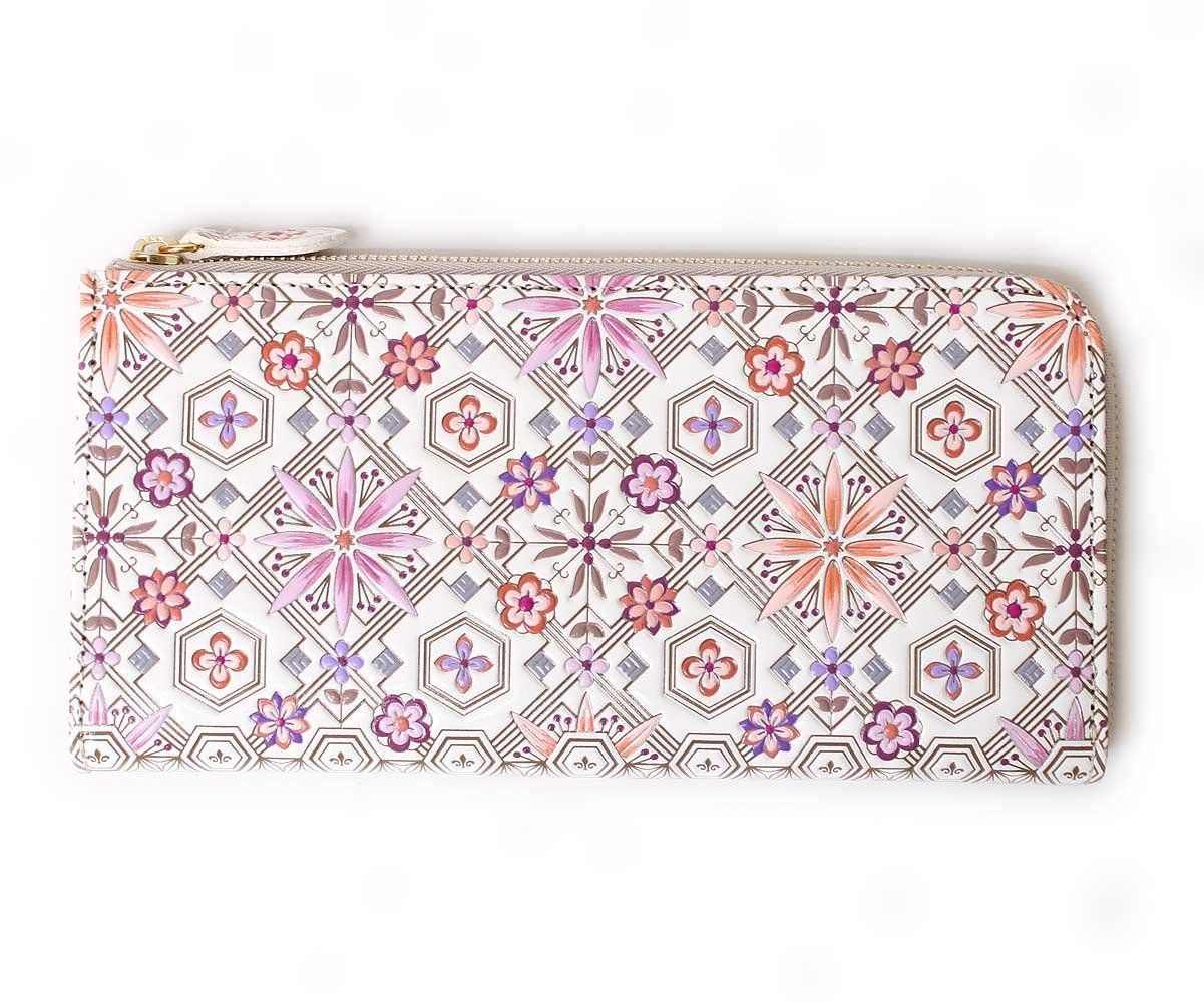 浅草文庫 L字ファスナー 長財布 花菱 はなびし 柄 スリム 財布 サイフ 友禅染 革 江戸小紋 朱鷺 トキ 色 朱鷺 トキ 色