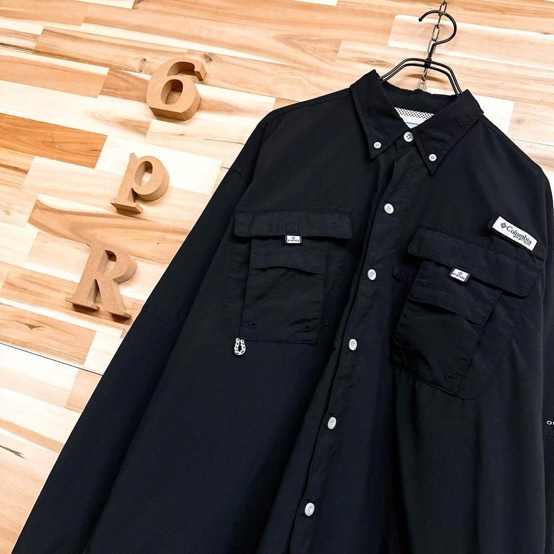 コロンビア PFG フィッシング 長袖シャツ 釣り 渓流 海 M 黒 グレー アウトドア ボタンダウン モノトーン ブラック