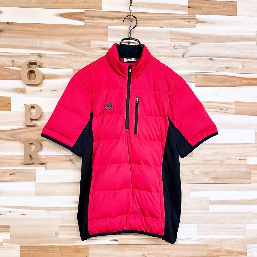 【アディダス】adidas フェザー混ダウン 半袖 ブルゾン ゴルフ M 赤×黒 アディダス】フェザー混ダウン ハーフジップ 半袖ブルゾン ゴルフ M 赤