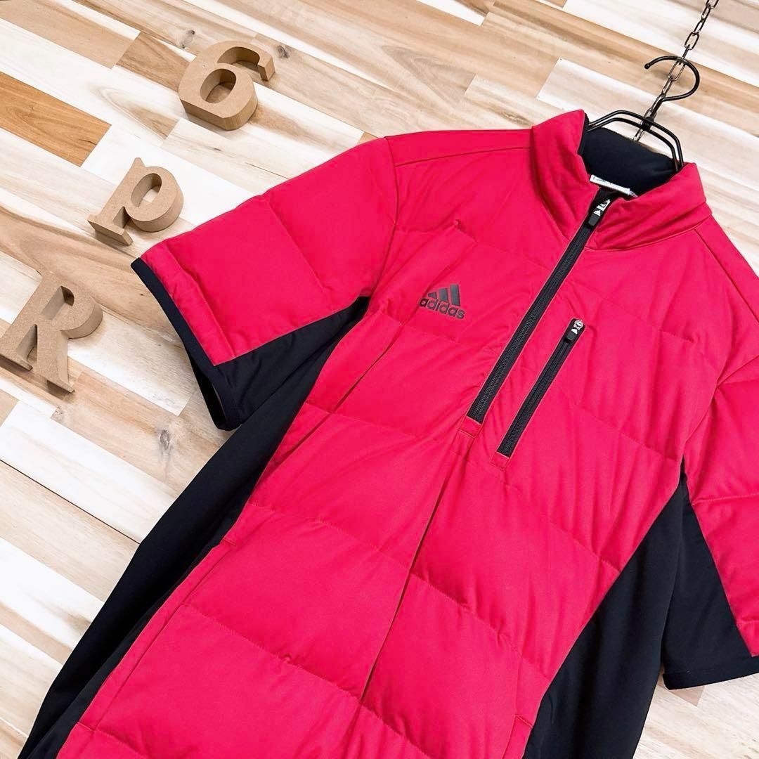 【アディダス】adidas フェザー混ダウン 半袖 ブルゾン ゴルフ M 赤×黒 アディダス】フェザー混ダウン ハーフジップ 半袖ブルゾン ゴルフ M 赤