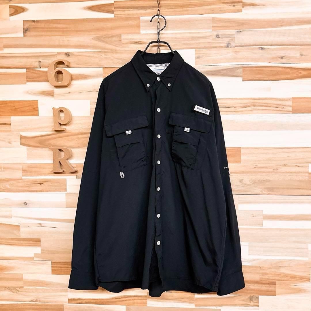 コロンビア PFG フィッシング 長袖シャツ 釣り 渓流 海 M 黒×グレー アウトドア ボタンダウン モノトーン ブラック