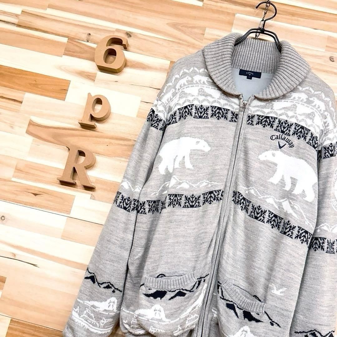 キャロウェイ シロクマ ジップ ニット ブルゾン ゴルフ LL グレー×白